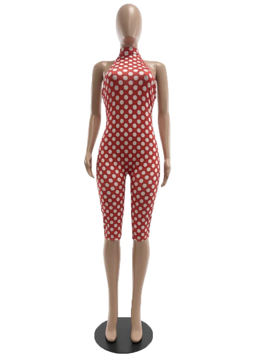 European and American New Style Women's Clothing Spring and Summer Polka Dot Print Elastic Halter Neck Backless Slim Fit Jumpsuit Women's Jumpsuit