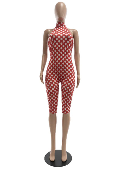 European and American New Style Women's Clothing Spring and Summer Polka Dot Print Elastic Halter Neck Backless Slim Fit Jumpsuit Women's Jumpsuit