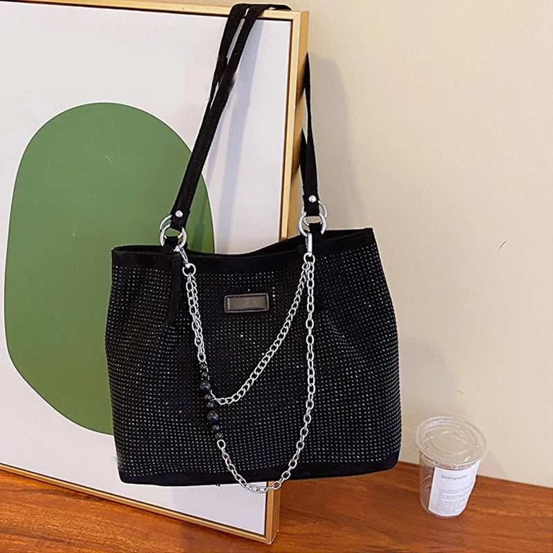 2024 Fashion Women Bling Diamonds Handbag Large Capacity PU Leather Big Totes Designer Female Chain Shoulder Bags Shopping Bags