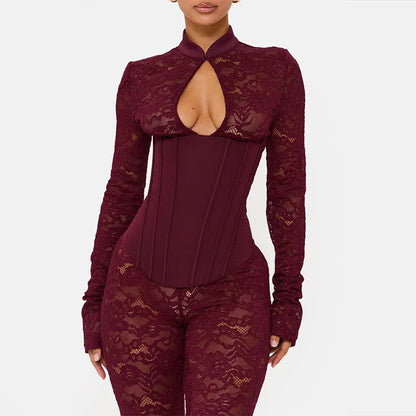 FAGADOER Sexy Lace See Through Corset Jumpsuit Women Hollowed-out Long Sleeve Bodycon Capri Pants Clubwear Night Party Outfit