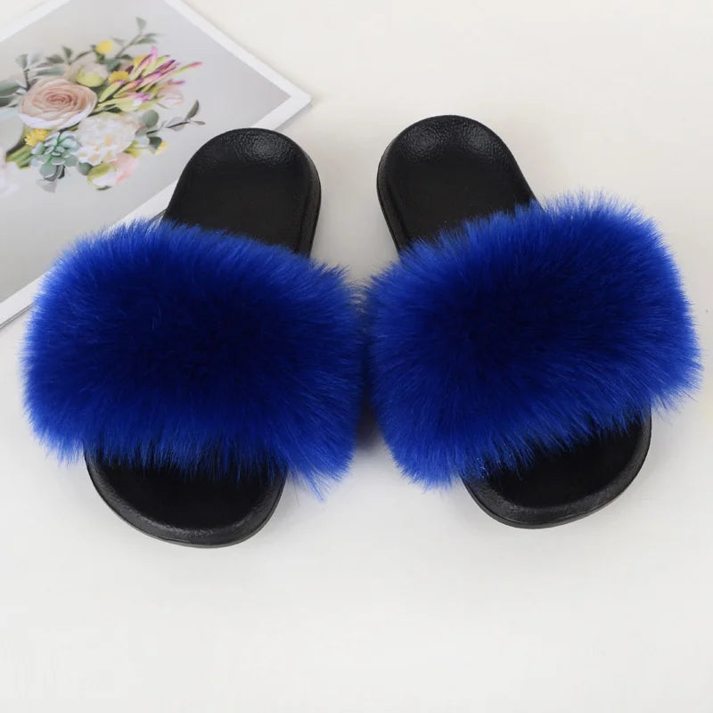 Women's Summer Faux Fur Fox Fur Slippers Fashion Luxury Indoor and Outdoor Non-Slip Solid Color Flat Bottom Furry Sandals