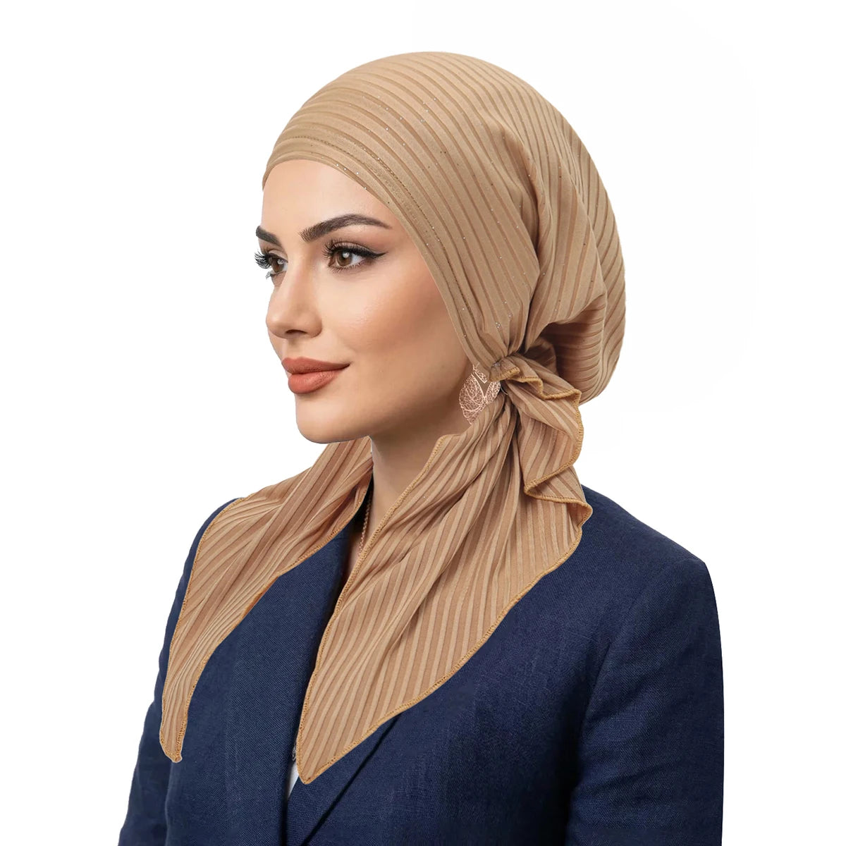Fashion Stripes Muslim Hijab Turban Hats Long Tail Head Wraps Elastic Hijab Hats Breathable Chemo Cap For Women Girls