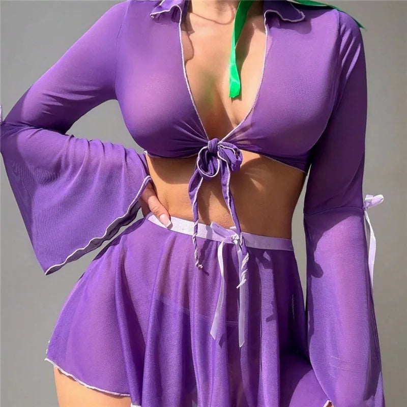 Women Halloween Daphne Sheer Mesh 4 Piece Outfit Front Tie Crop Top Flare Sleeve Mini Skirt Briefs Scarf Party Cosplay Costumes