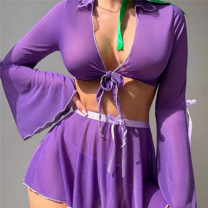 Women Halloween Daphne Sheer Mesh 4 Piece Outfit Front Tie Crop Top Flare Sleeve Mini Skirt Briefs Scarf Party Cosplay Costumes