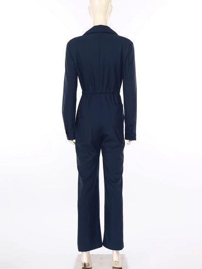 Womens Fashion Work Coverall Rompers Casual Solid Color Turn-Down Collar Long Sleeve Button Jumpsuit Travel Holiday Cargo Pants