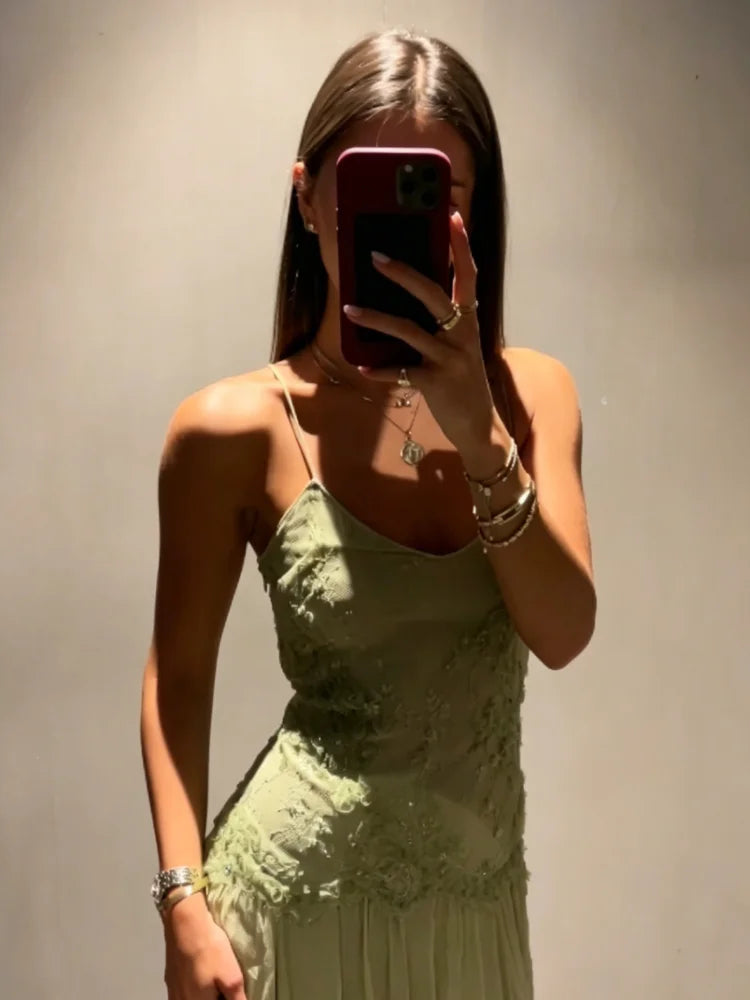Women's Lace Spliced Dress Sage Green Floral Embroidery Spaghetti Strap Flowy Long Dress Elegant Bohemian Summer Party Dress