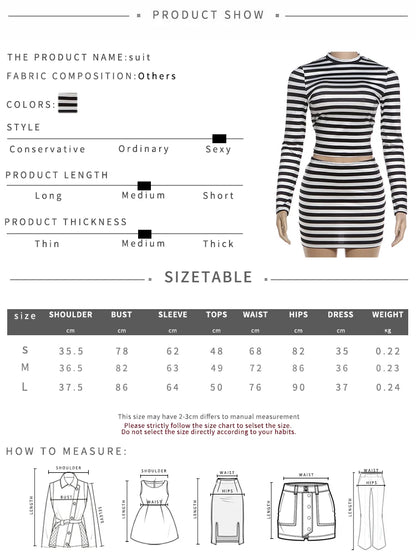 Weird Puss Striped Print 2-Piece Set Women O-Neck Full Sleeve Crop Tops+Mini Simple Skirt Spring Trend Skinny Classic Party Suit