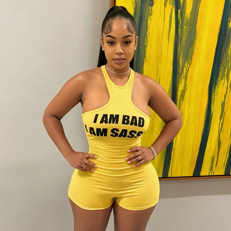Letter offset printing sleeveless tight hanging neck strapless vest jumpsuit shorts