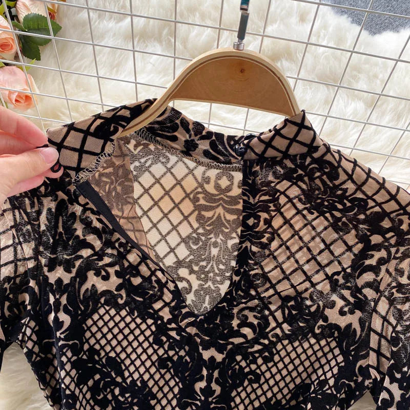 SINGREINY Fashion Women Velvet Slim Playsuits Long Sleeves Vintage Bodycon Rompers Streetwear Y2K Ins Chic Mesh Sexy Bodysuits