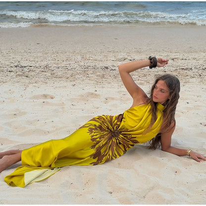 2026 Summer Printed Halter Maxi Dress Women Sleeveless Pleated Chic Satin Long Dresses Fashion Vacation Beach Party Lady Robe
