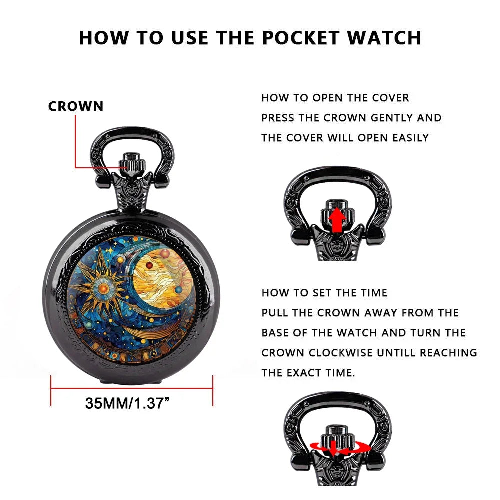 Vintage Sun and Moon Pendant Glass Dome Pocket Watch Souvenir Chain Clock Arabic Numerals with Personality Gift for Women Men
