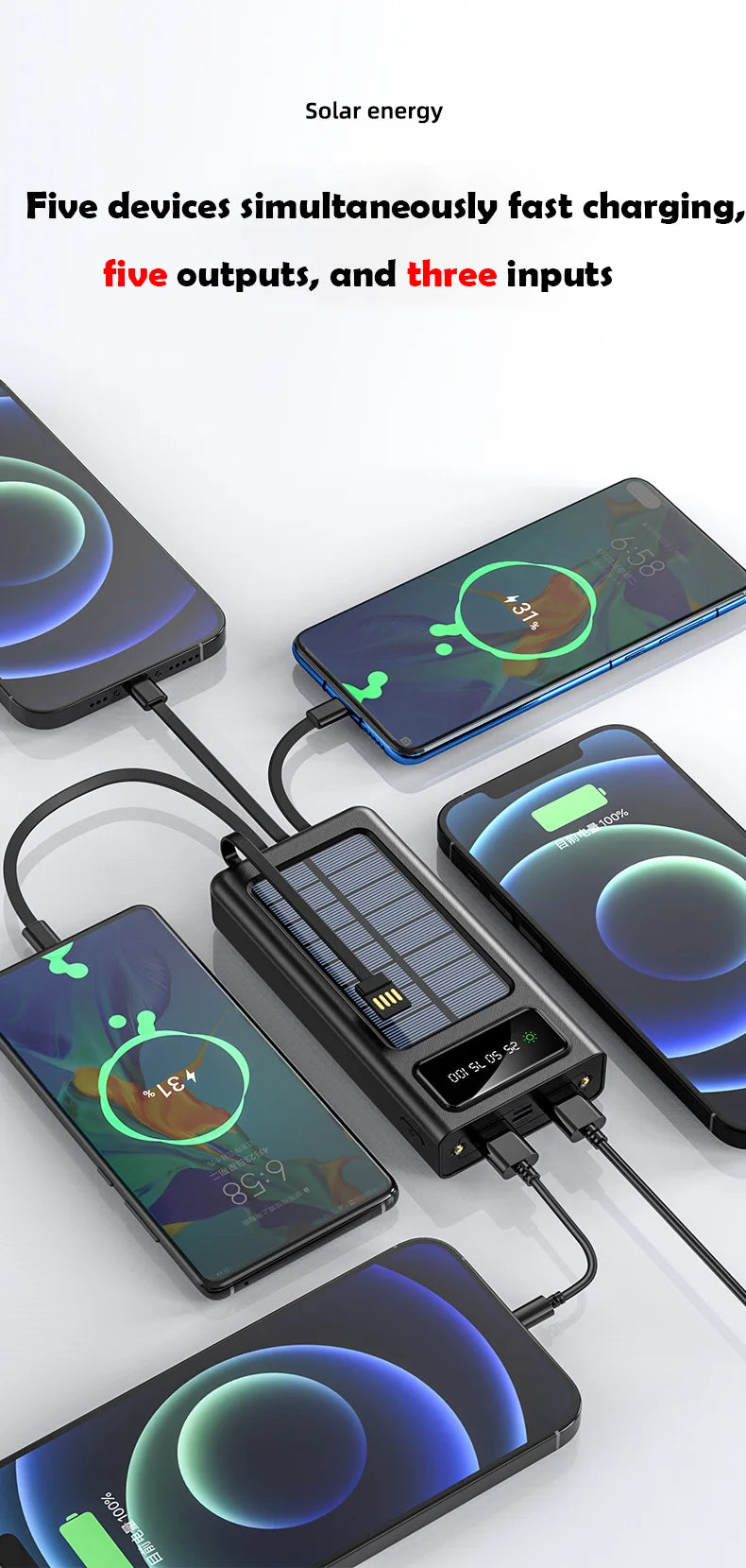 OnePlus 500000mAh Solar Power Bank Ultra Capacity USB 4 in1 Super Fast Charging USB TypeC LED Light Outdoor For iPhone Samsung