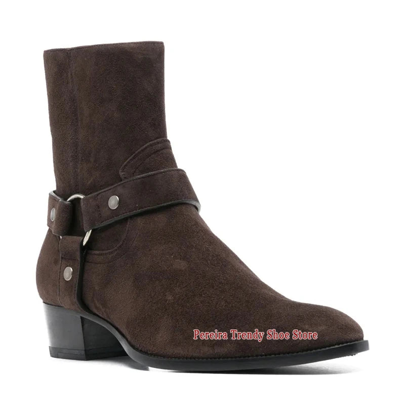 Autumn Winter Retro Chelsea Boots for Men Metal Ring Suede Leather Pointed Toe Short Boots British Style Trendy Men's Shoes