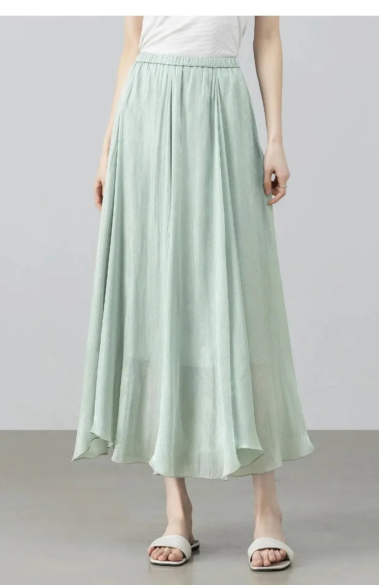 SENTUBILA Women's Summer Skirt 2026 Elegant Elastic Waist Sheen Flowy A Line Long Skirt for Woman Ladies Clothes 162QG4909