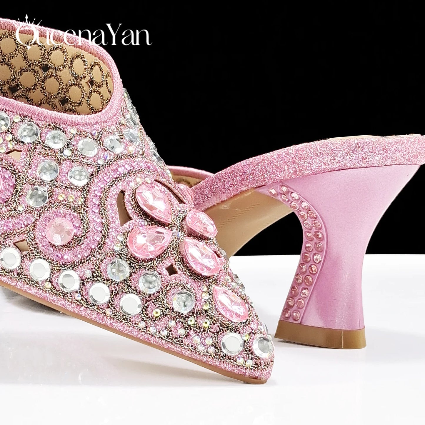 QUEENA YAN Luxury Pink Rhinestone Party Shoes and Clutch for Women- Elegant Crystal Heels with Matching Evening Bag
