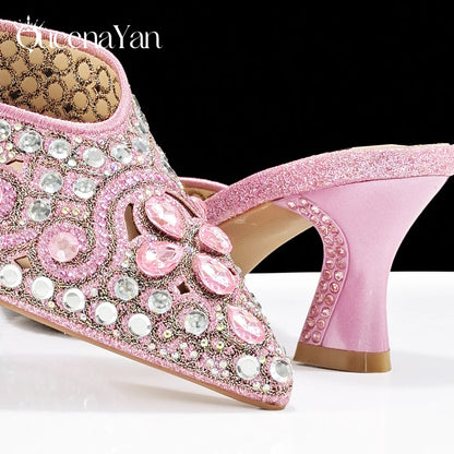 QUEENA YAN Luxury Pink Rhinestone Party Shoes and Clutch for Women- Elegant Crystal Heels with Matching Evening Bag