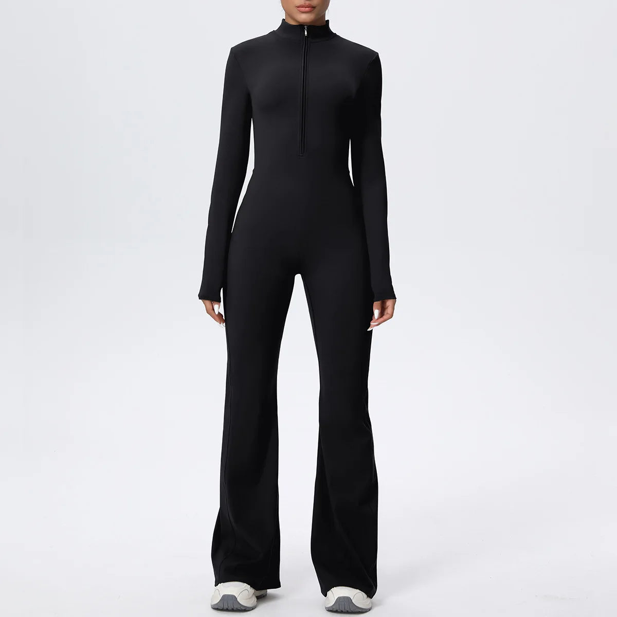 Women Long Sleeve Flare Workout Zip Up Romper Bottom Pants Wide Leg Bodysuit Bodycon One Piece Jumpsuit Activewear XP27