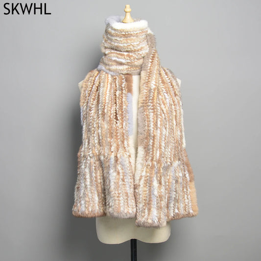 Long Style Large Winter Scarf Real Mink Fur Scarf Luxury Lady 100% Natural Mink Fur Shawl Women Knitted Fur Pashmina Scarves