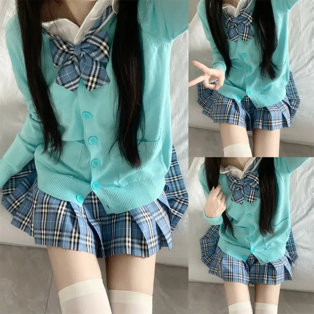 3Pc Set Japanese Korean School Uniforms Multicolor Sweater&Plaid Pleat Skirt with Bow Jk Uniform Suit Graduation Costumes Women