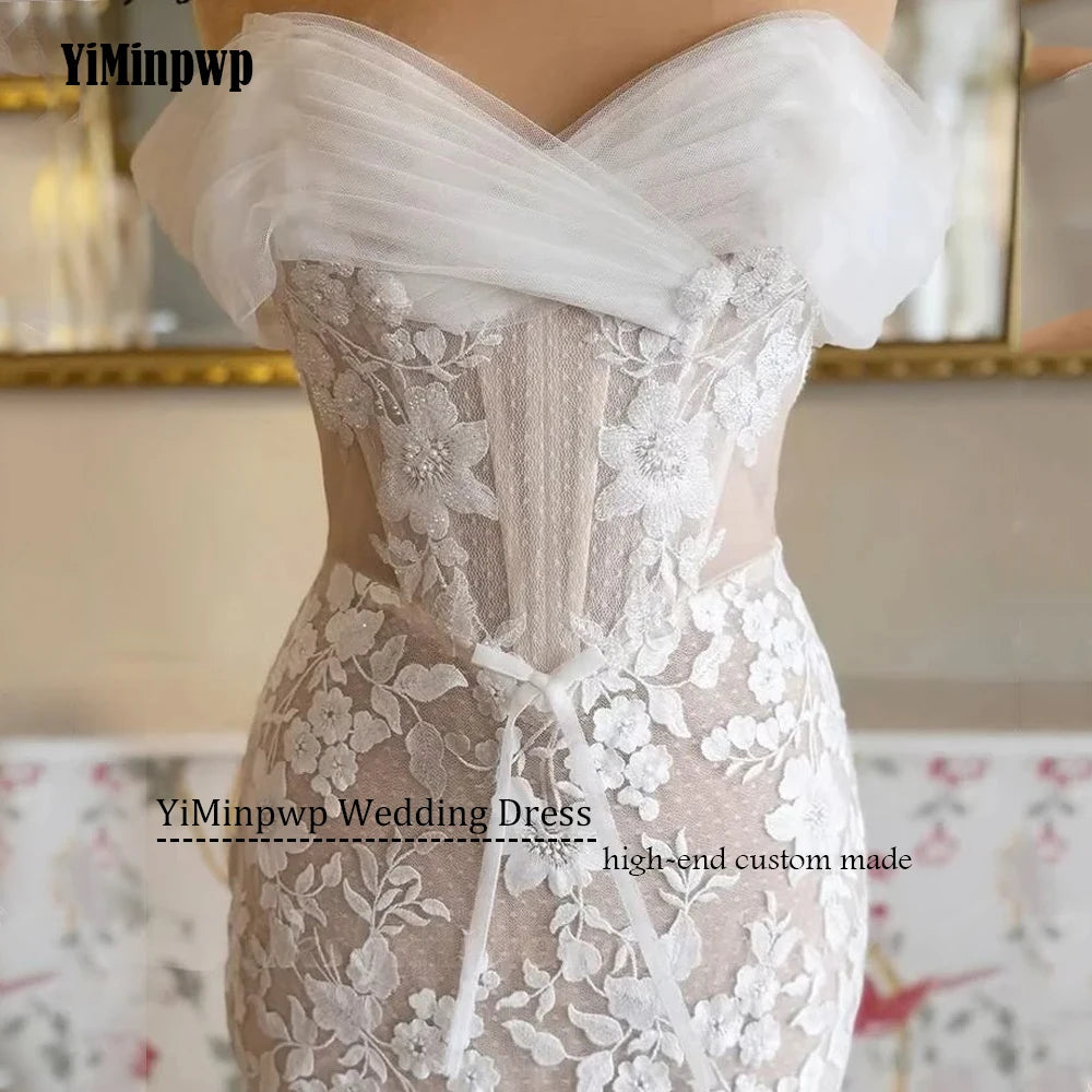 Off Shoulder Mermaid Wedding Dresses for Bride Backless Sweep Train Lace Tulle Summer Garden Beach Bridal Gowns свадебное Custom