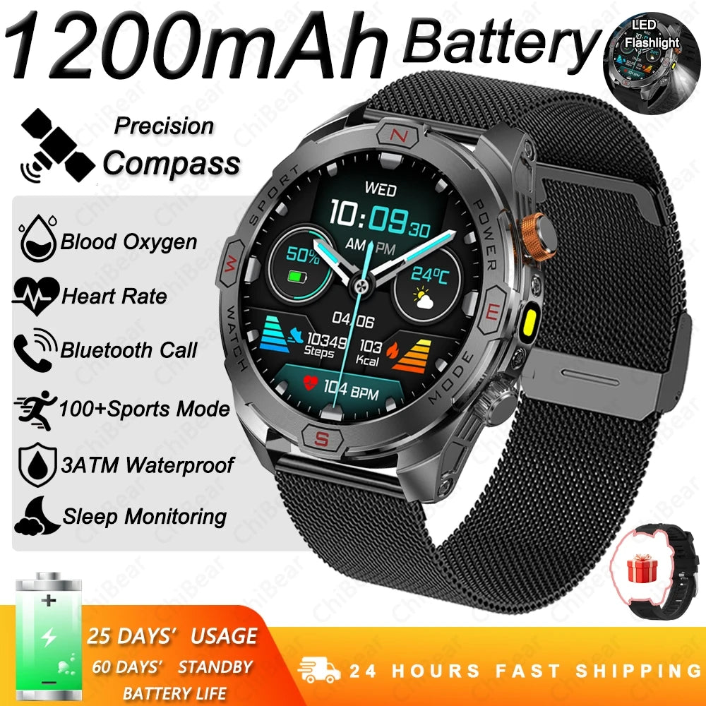 ChiBear Genuine Military Smart Watch Men: 1200 mAh Battery Compass GPS Sports Outdoor Watch Bluetooth Call Smartwatch 2026 New
