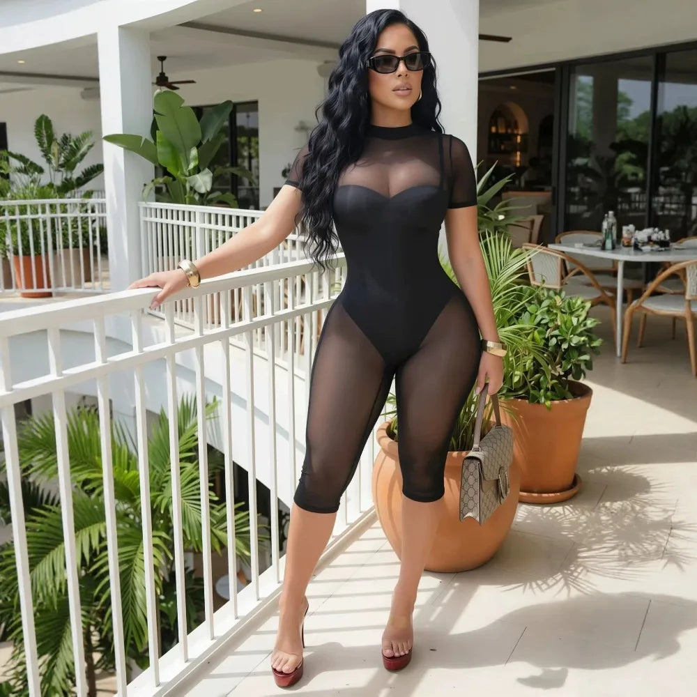 FLARORA Sexy Mesh See Through Rompers Woman Trend O Neck Short Sleeve Skinny Peach Hip Playsuits Stretch Midnight Party Clubwear