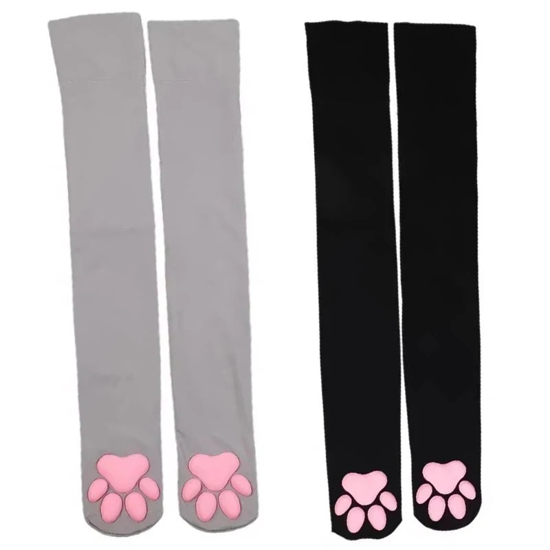 3D Cat Paw Thigh High Transparent Stockings Japanese Style Cute Pink Paw Print Sheer Tights Kawaii Lolita Cosplay Long Socks