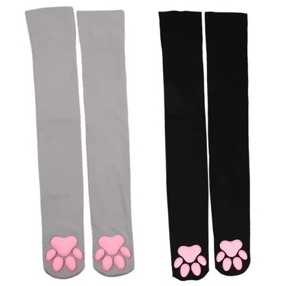 3D Cat Paw Thigh High Transparent Stockings Japanese Style Cute Pink Paw Print Sheer Tights Kawaii Lolita Cosplay Long Socks