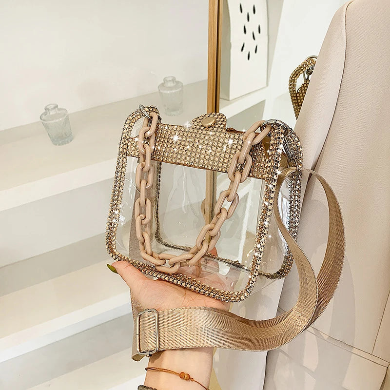 2026 NEW Transparent Shoulder Bag New Chain Handbag Fashionable Diamond Inlaid Jelly Bag PVC Women Crossbody Bag