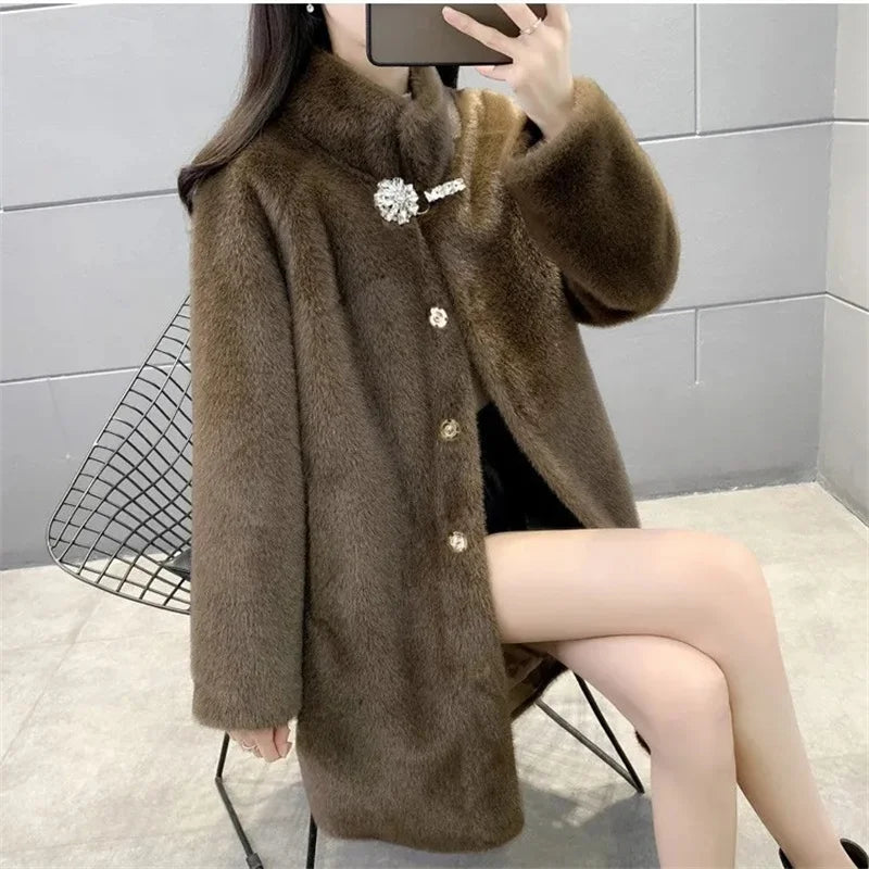 Mink Fleece Coat Medium Long Fur One Piece Coat Gold Mink Fleece Coat 2026 Winter New Standing Collar Fur Coat Solid Commuter B1