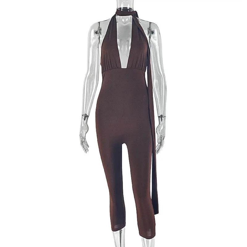 Summer Tights Jumpsuit Women Solid V-neck Backless Lace-Up Slim Stretchy Pencil Pants Calf-length Rompers Sleeveless 65001