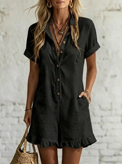 2026 New Women Lapel Short Sleeve Solid One-Piece Romper Fashion Ruffles Patchwork Loose Casual Button Pockets Shorts Jumpsuit