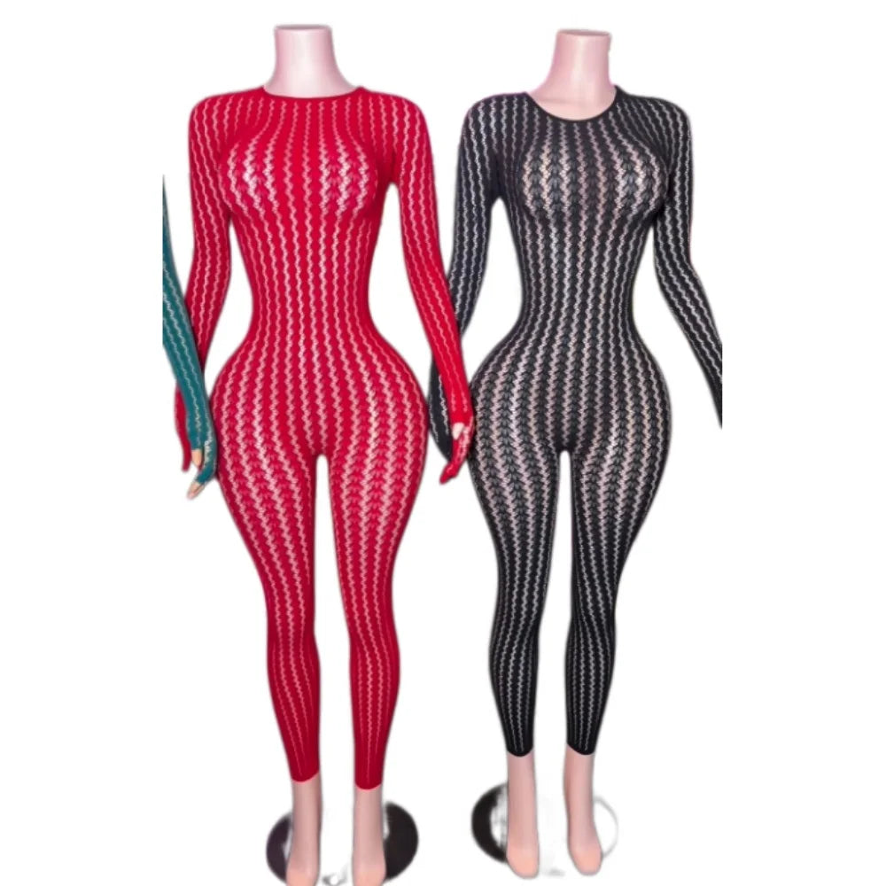 FAGADOER Women Sexy Mesh Lace Jumpsuits Fashion Long Sleeves Round Neck Vertical Striped Sheer Bodycon Rompers Summer Playsuits