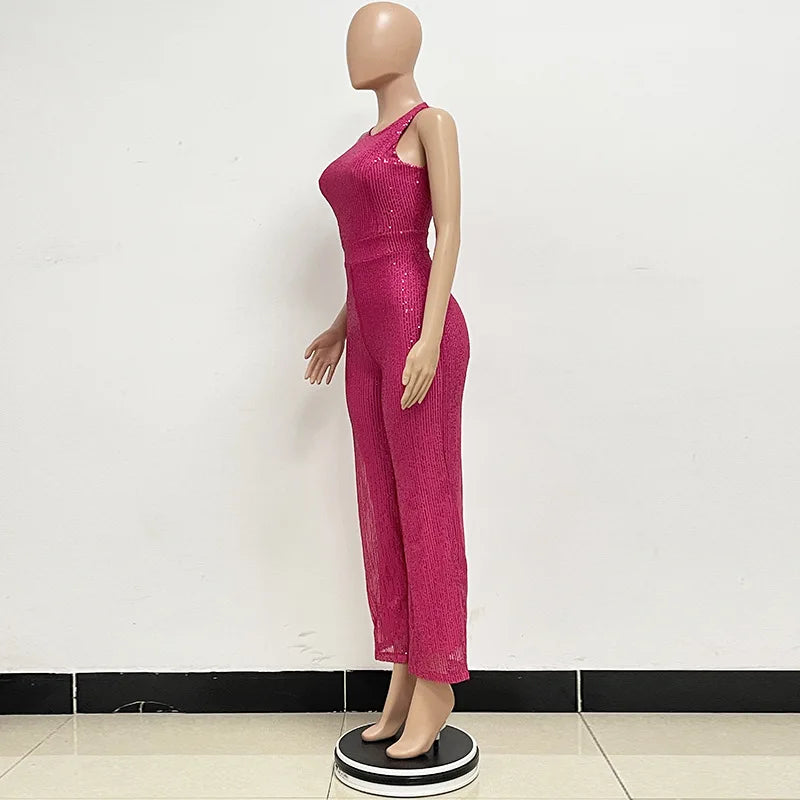 Bling Bling Sequined Club Jumpsuit Sexy Women O-neck Elegant Shiny Sliver Gold Sequins Straight Romper Overalls