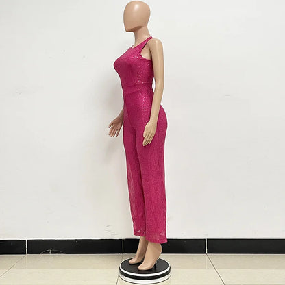 Bling Bling Sequined Club Jumpsuit Sexy Women O-neck Elegant Shiny Sliver Gold Sequins Straight Romper Overalls