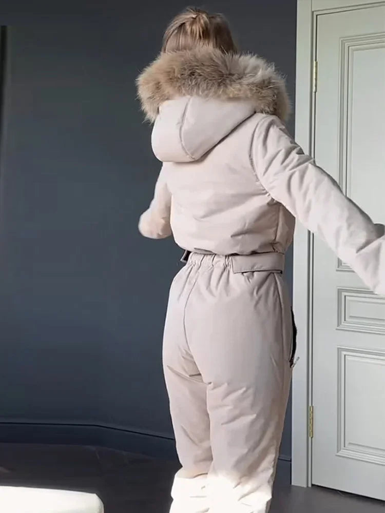Casual Fur Hooded Patchwork Ski Jumpsuits Women Slim Thicken Zippers Belts Lady Jumpsuit 2026 Autumn Winter Chic Female Skiwear