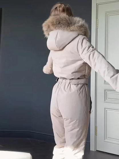 Casual Fur Hooded Patchwork Ski Jumpsuits Women Slim Thicken Zippers Belts Lady Jumpsuit 2026 Autumn Winter Chic Female Skiwear