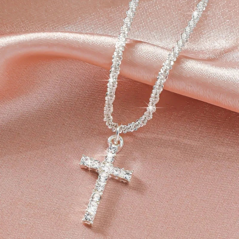 Sparkling 925 Sterling Silver Gypsophila Necklace Bracelet Set For Women Luxury Zircon Cross Pendant Three Piece Jewelry Set