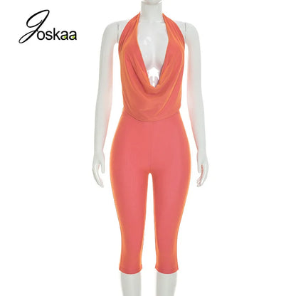 Joskaa Sexy Patchwork 2 Piece Set Women Cowl Neck Halter Backless Tie-Up Crop Top+High Waist Capri Pants Matching Party Clubwear