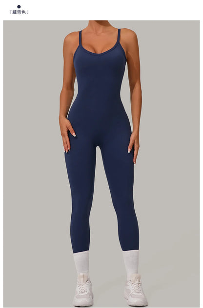 New Nylon Pad V-Neck Wrap Yoga Bodysuit - Adjustable Hook Tummy Control Butt Lift Workout Jumpsuit
