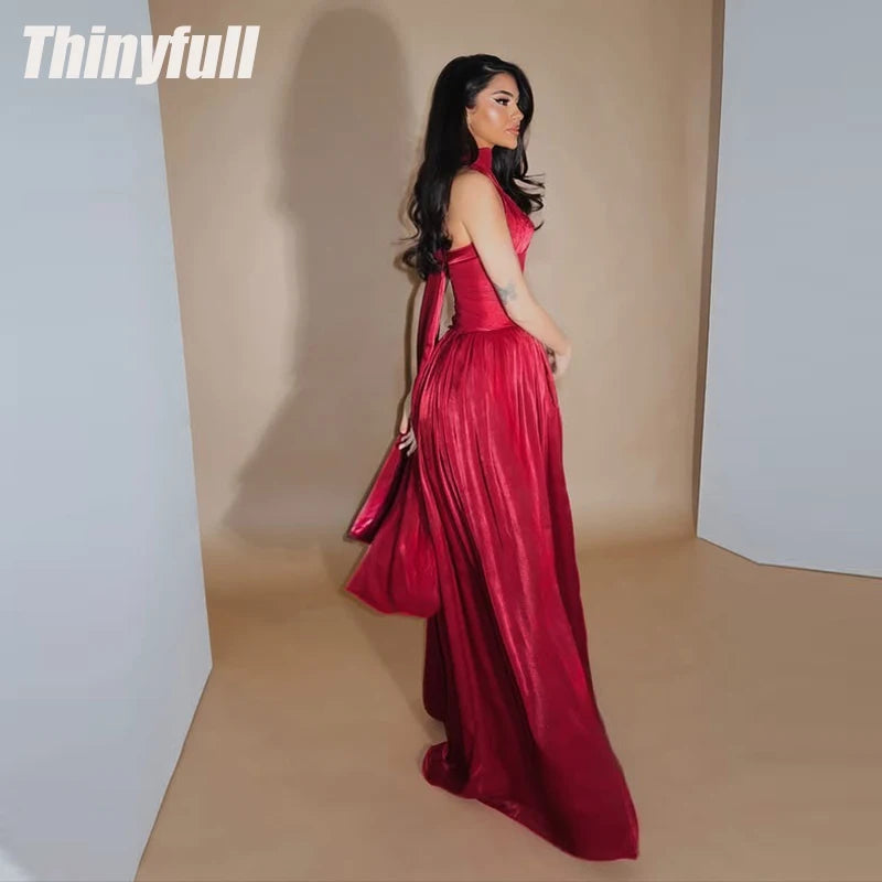 Thinyfull A-line Arab Long Prom Dress Halter Sleeveless Shiny Satin Evening Party Dresses Dubai Dress Robe De Soirée Customized