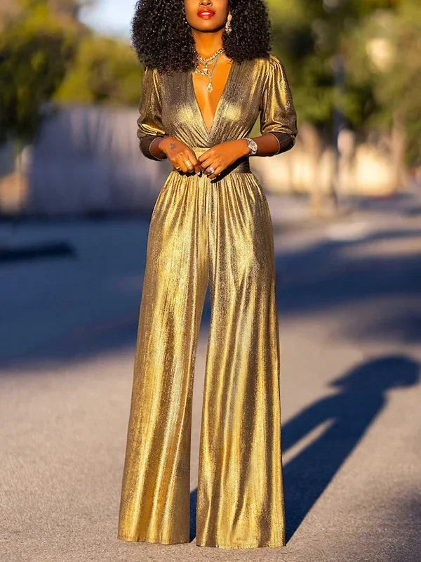 Uoozee Female Fashion Sexy Deep V-neck High Waisted Wide Leg Jumpsuits 2025 New Long Sleeves Solid Color Loose Party Outfits