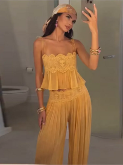 Beach Lace Hollow Out Women's Summer Pants Sets Lace Up Backless Spaghetti Strap Crop Top Loose Pleated Lantern Pant 2026 Suit