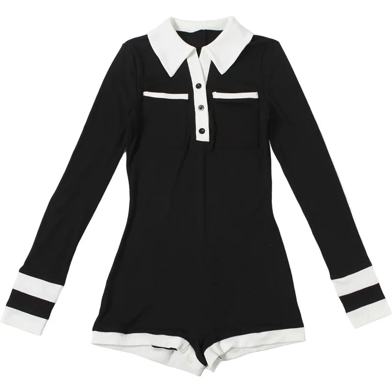 Color Patchwork Ribbed Skinny Playsuits 2025 Autumn Women Fashion Polo-neck Long Sleeve Buttons Slim Casual Rompers Streetwear