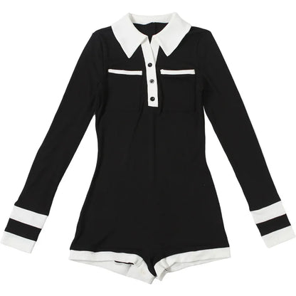 Color Patchwork Ribbed Skinny Playsuits 2025 Autumn Women Fashion Polo-neck Long Sleeve Buttons Slim Casual Rompers Streetwear