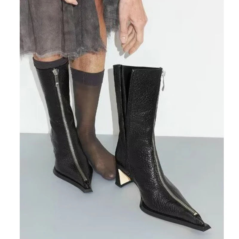Women Black Cracked Pointed Toe Front Zipper Mid‑Calf Boots Geometric Block Heel Gothic Punk Fashion Boots Party Dress Shoes