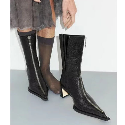 Women Black Cracked Pointed Toe Front Zipper Mid‑Calf Boots Geometric Block Heel Gothic Punk Fashion Boots Party Dress Shoes