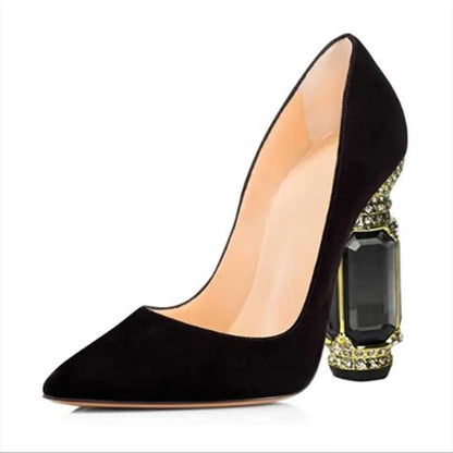 Laser PU Leather Pointed Toe Shallow Women Pumps Shoes Gemstones High Heels Slip On Design Large Size Fashion Shoes