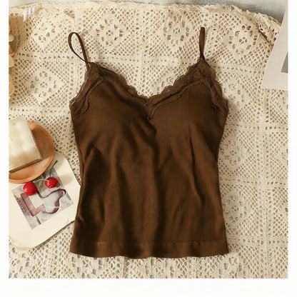 Women Sexy Padded Camisole Lace Back Seamless Tank Top V Neck Spaghetti Strap Vest Breathable Casual Base Layer Underwear
