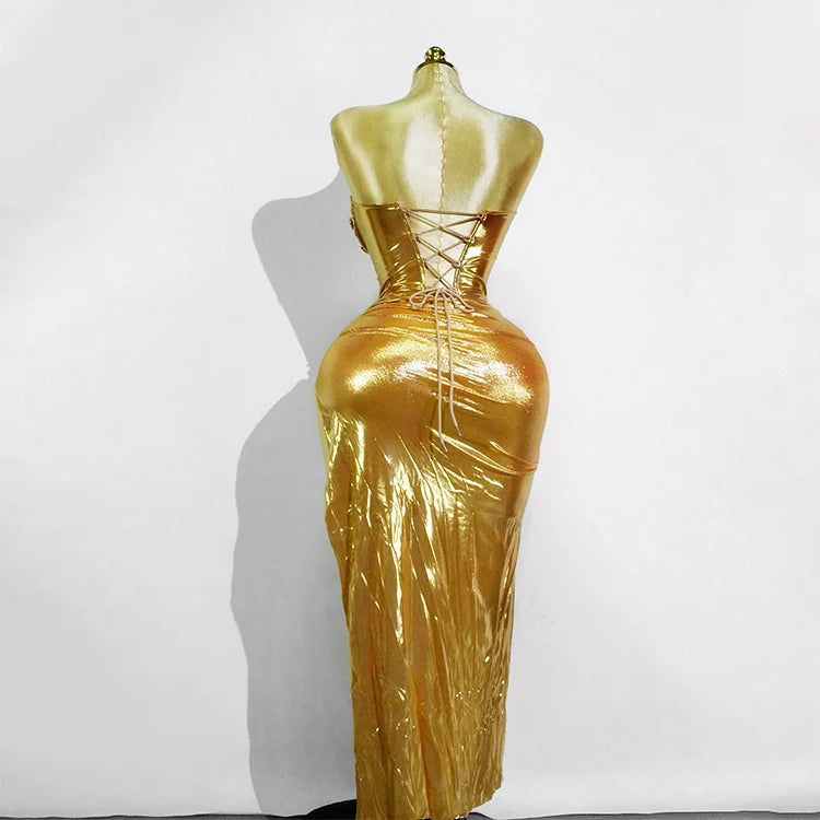 Woman Performance Suit Sexy Pink Backless Strapless Rhinestones Dress Event Costume Dancewear Top And Skirt Birthday Drag Club